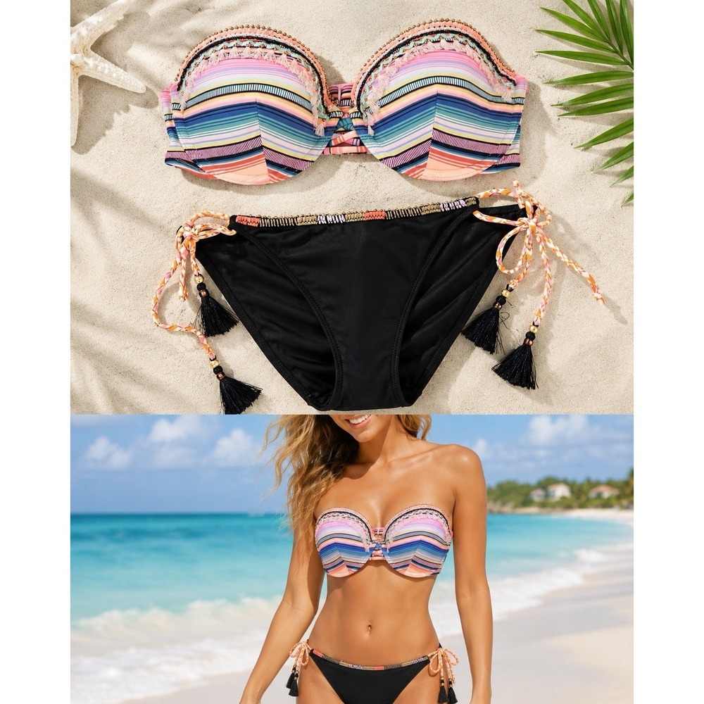 Victoria's Secret Multicolor Bandeau Bikini Set Medium Tassel Tie Bottom